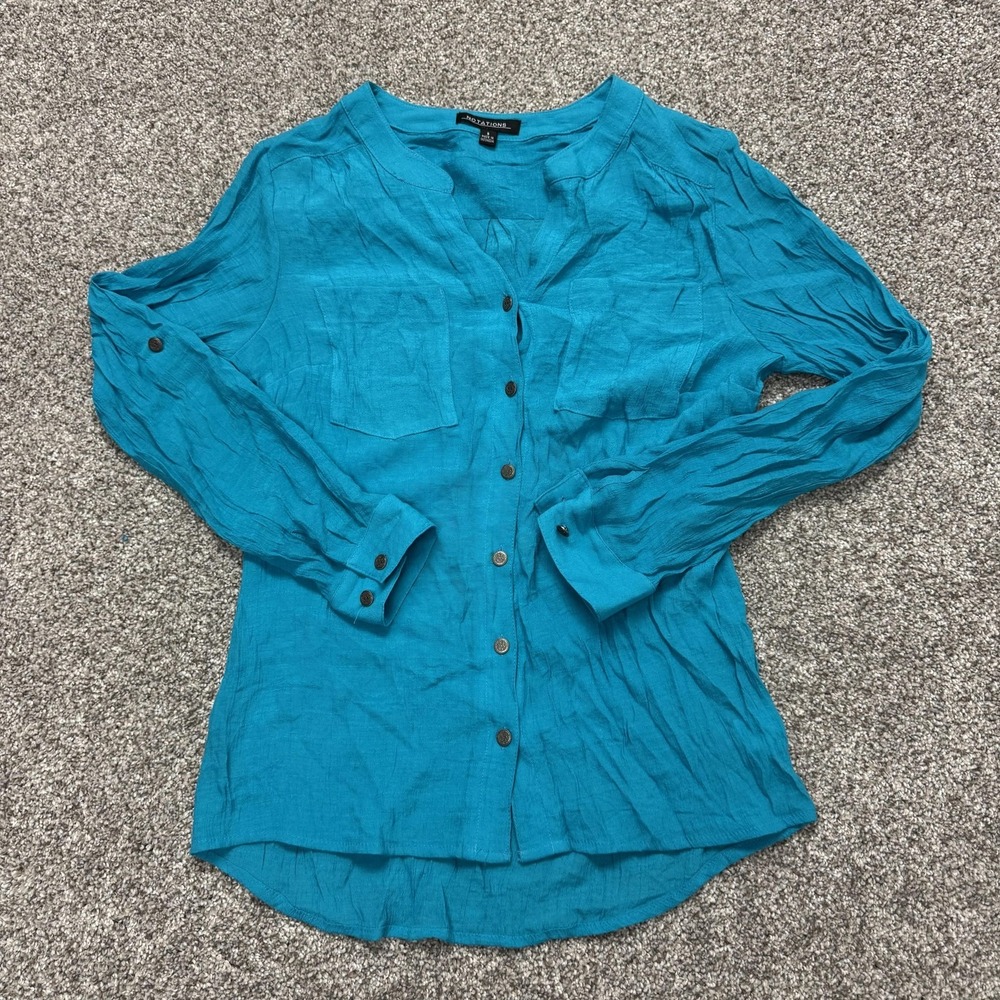 Notations Blouse Womens S Blue Solid V Neck Button Front Roll Tab Tunic Top